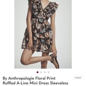 NWT Anthropologie Sleeveless Navy Floral Ruffled A-line Mini Dress New With Tags